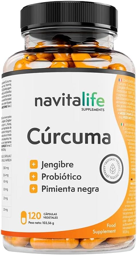 Cúrcuma 1360 mg probióticos gengibre pimenta preta, Alta percentagem curcumina. Alta biodisponibilidade. Ação natural dor muscular e inflamação. Cápsulas de açafrão Navitalife Supplements