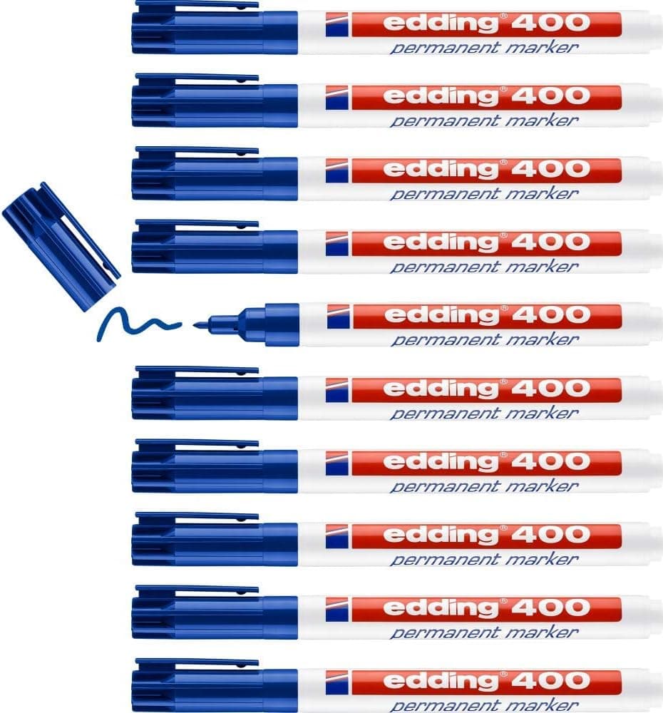edding 400 Marcador permanente - azul, 10 marcadores - ponta fina redonda 1 mm, impermeável, de secagem rápida, marcadores indeléveis, para cartão, plástico, madeira, metal, vidro