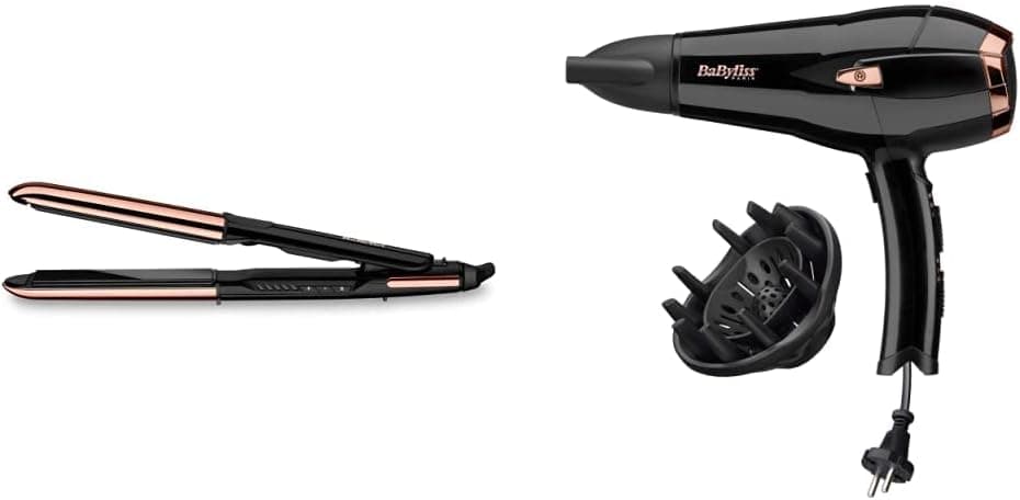 BaByliss ST482E Ferro Salon Brilliance 2 em 1 liso e onda alisadores de cabelo com revestimento de titânio D373E secador de cabelo retrátil, iónico, motor DC 2000 W de potência