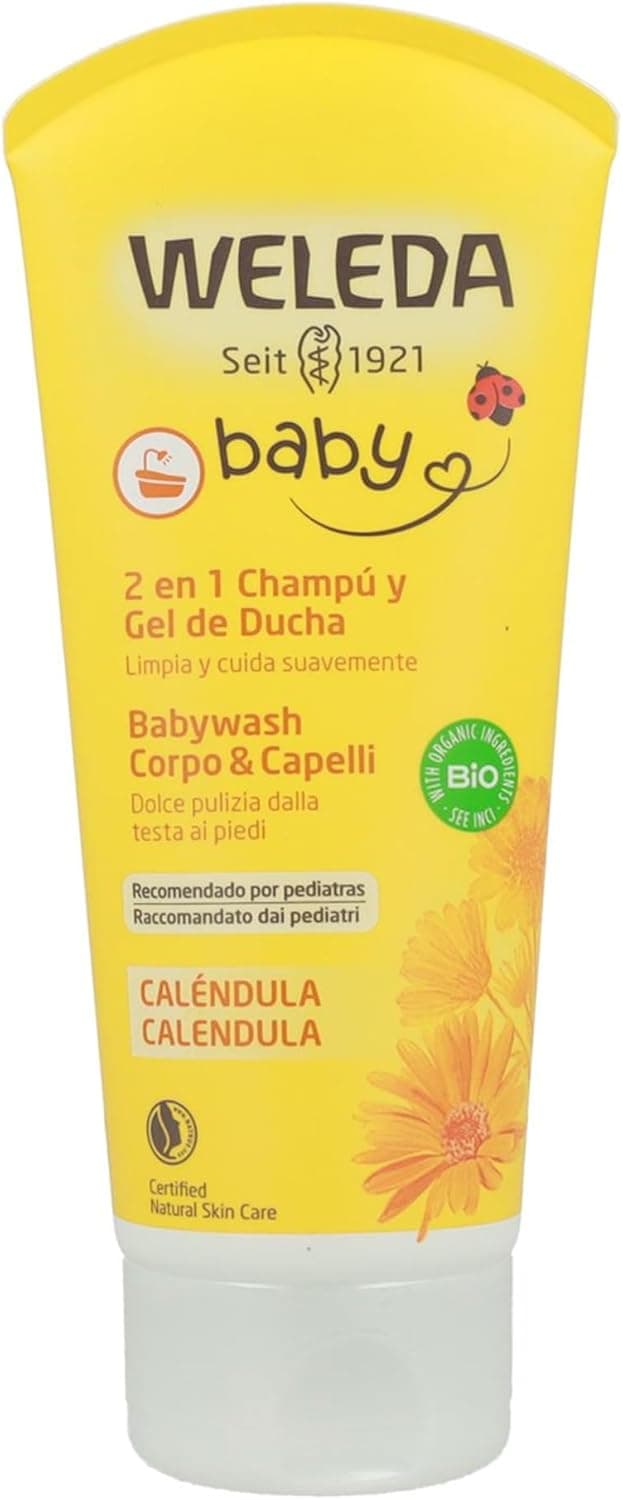 Weleda - Champô e gel de duche de malmequera, limpa, cuidado, neutro e protege, vegano, adequado para peles sensíveis - 200 ml