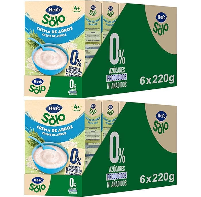Hero Apenas papa creme de arroz, sem glúten nem lactose, rico em fibras e vitamaminas, sabor natural para bebés, a partir de 4 meses, 12 x 220g