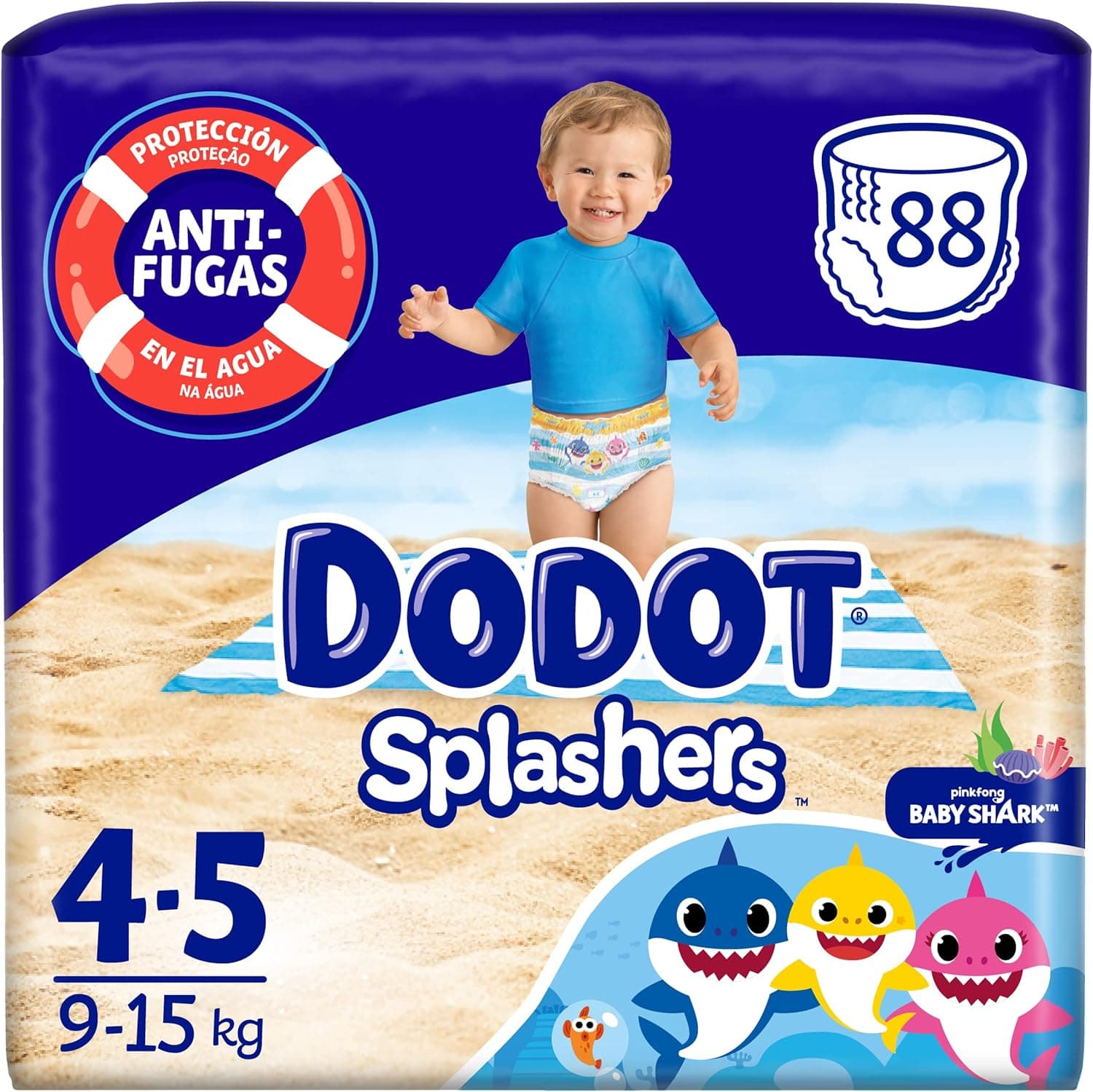 DODOT Splashers Baby Shark tamanho 4, 88 fraldas bebé fatos de banho descartáveis, 9 kg - 15 kg, proteção contra fugas na água