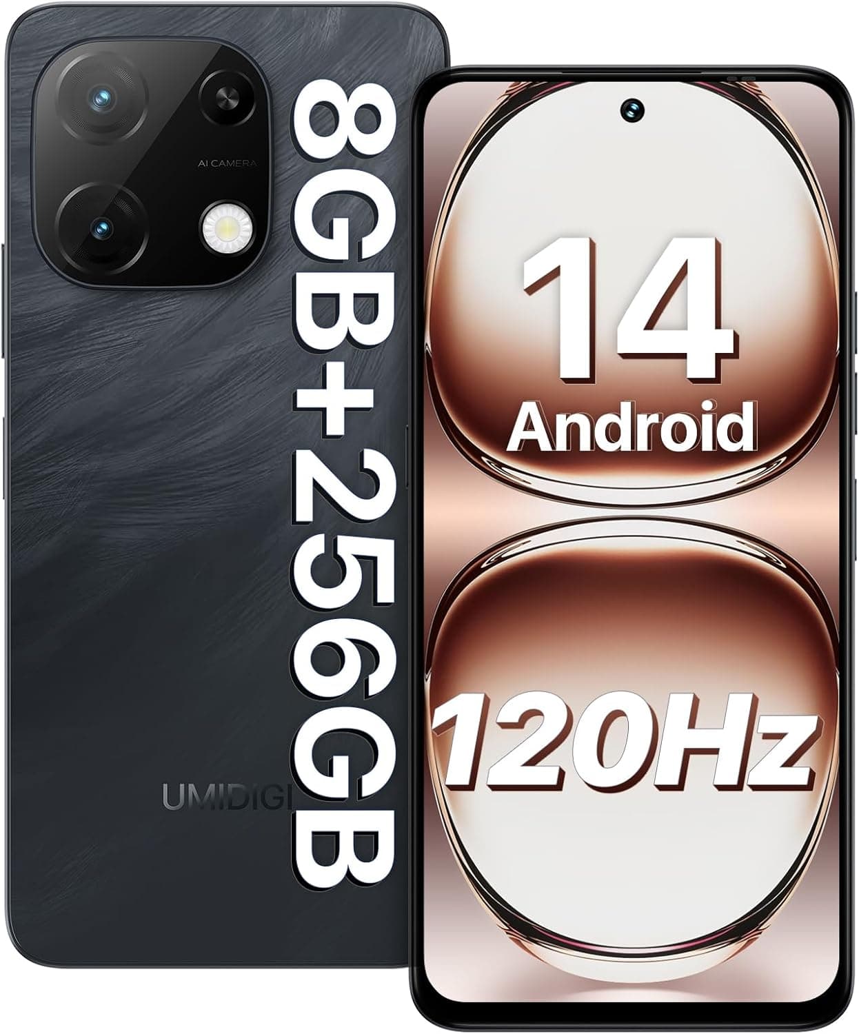 UMIDIGI Smartphone Android 14, 8(4+4) GB+256GB/1TB TF telemóvel, 120Hz 6,8" HD + telemóvel, Bluetooth 5.2, 5000 mAh, Octa Core, 4G Dual SIM/Face ID/Fingerprint/13MP/GPS