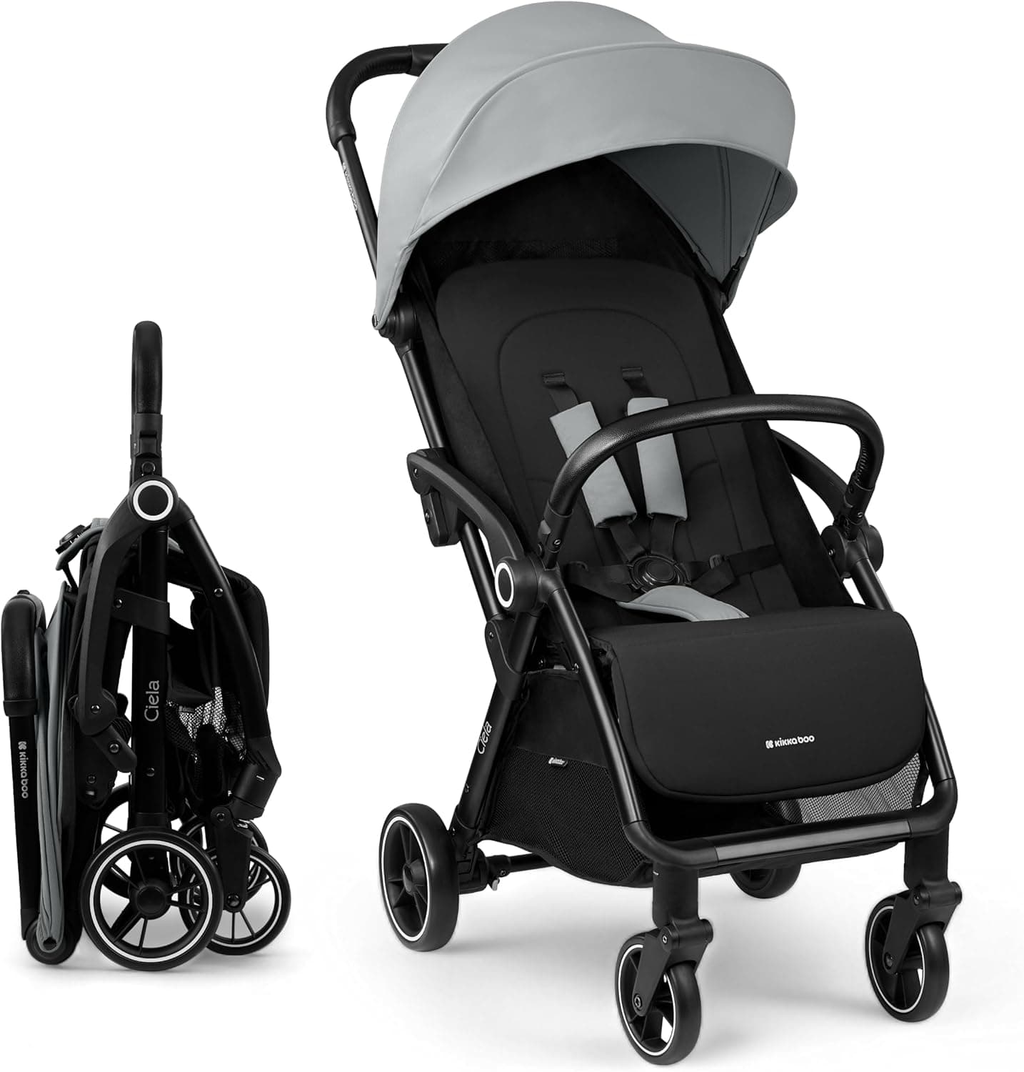 KikkaBoo Cadeira de passeio céu, carrinho de bebé até 22 kg, dobrável automático, posição reclinada, super leve, compacto, tamanho da cabine, cinzento