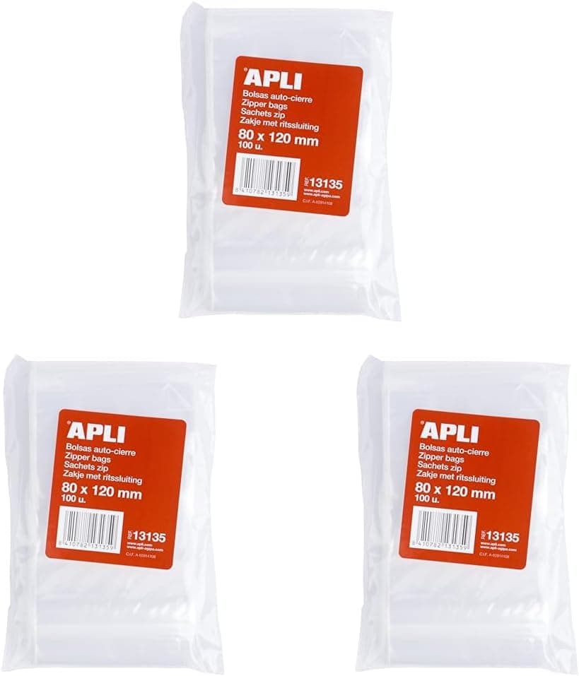 APLI 13135, pack de 100 sacos de plástico com auto-fecho, 80 x 120 mm, multicolorido (embalagem de 3)