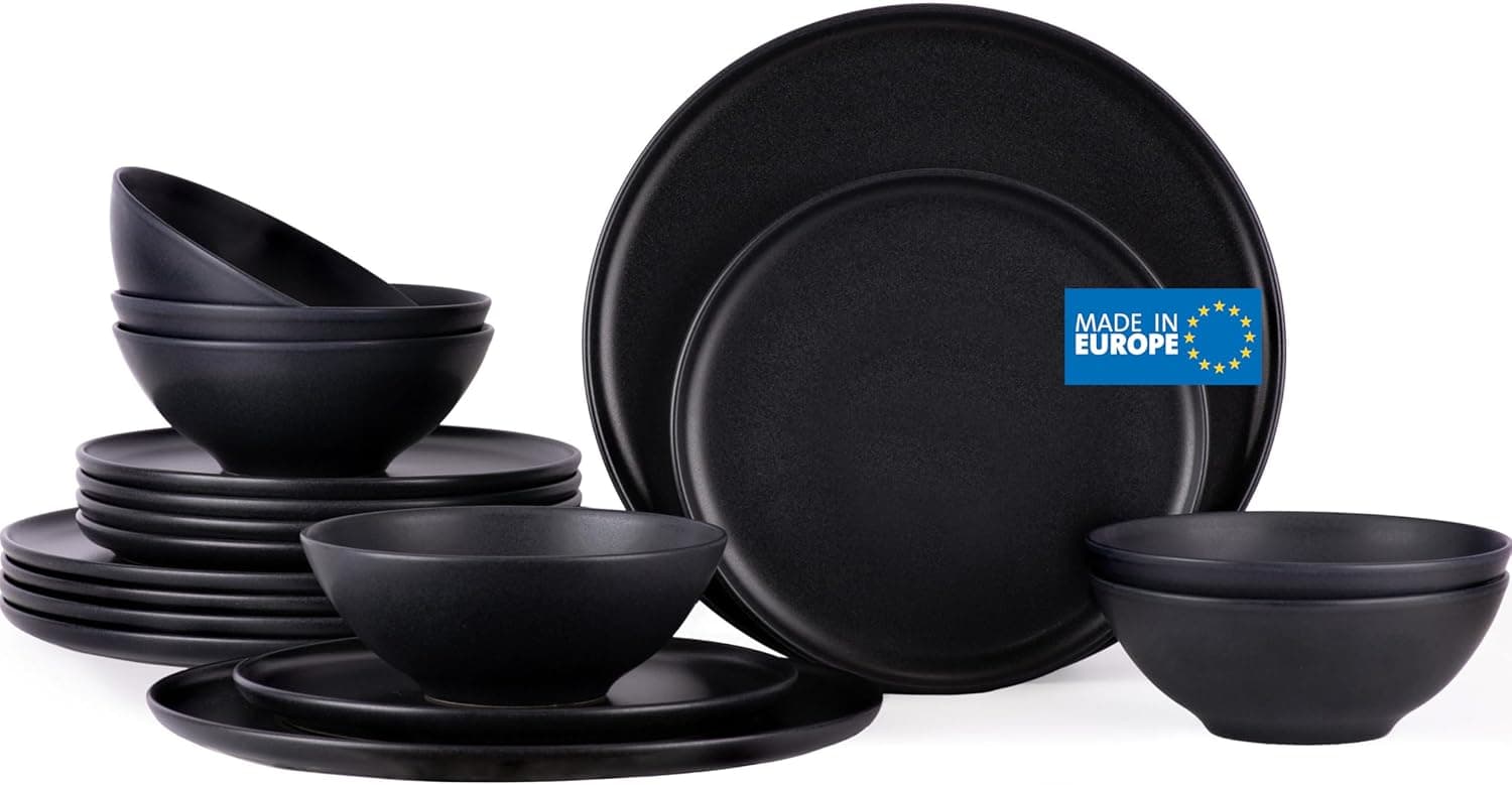 Nortea - Louça de design nórdico de grés para 6 pessoas em preto mate, 100% fabricada na Europa, moderno conjunto de pratos de 18 peças