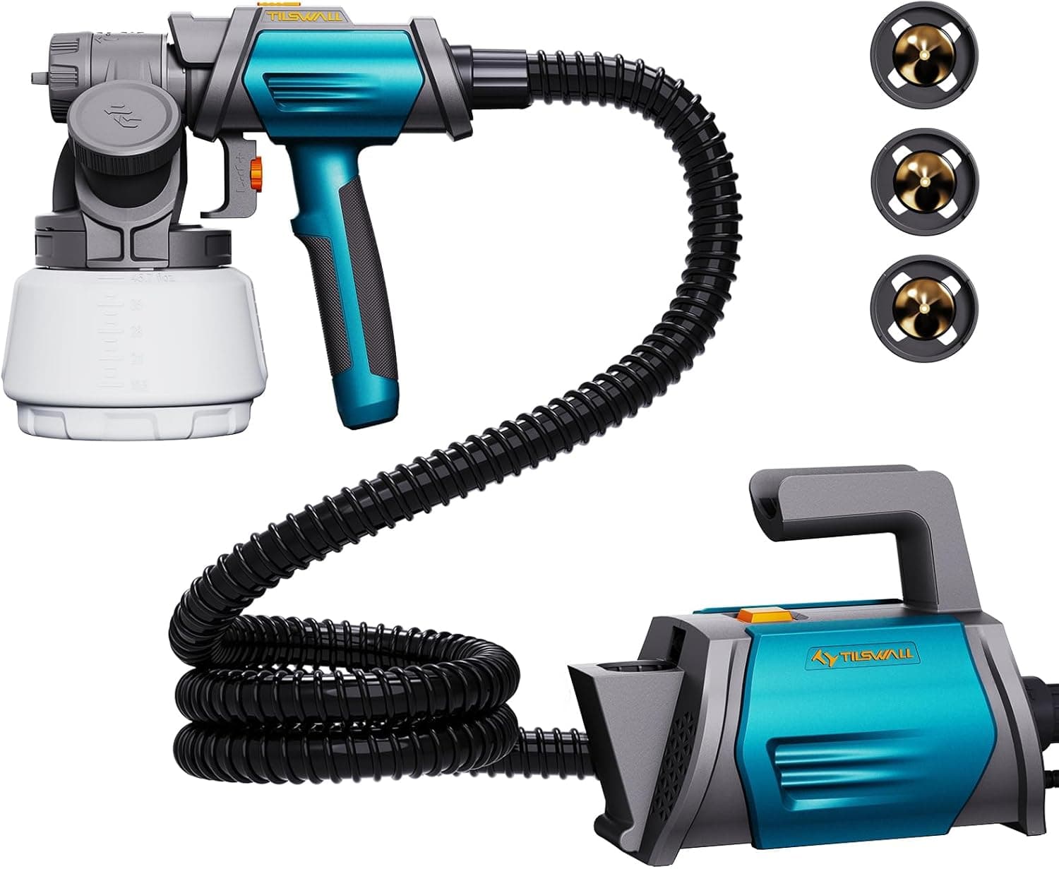 Tilswall Pulverizador de pintura de 800 W HVLP com 1300 ml de capacidade removível, 4 bicos de latão, 3 modos, 120 DIN-s pulverizador de pintura para pintar armários, paredes, cercas