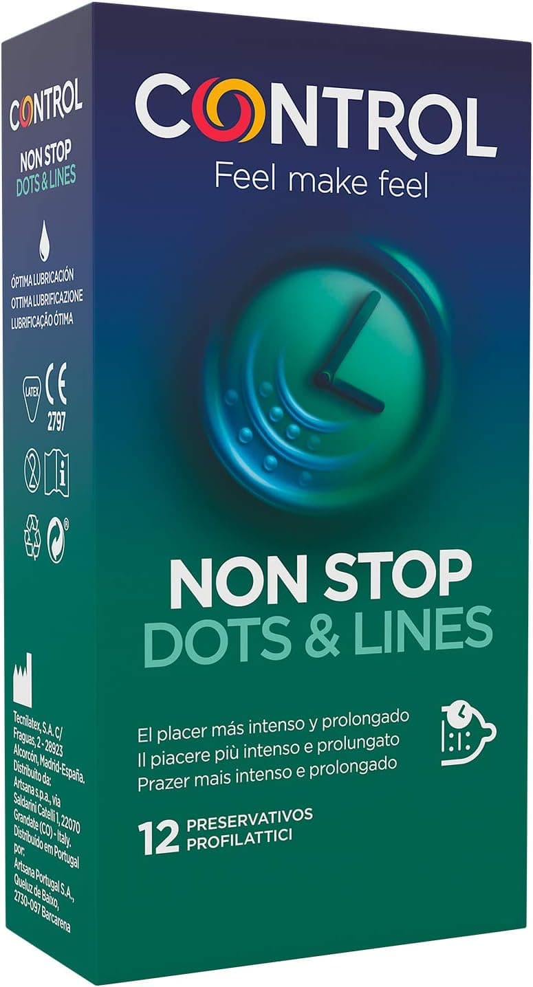 Control Preservativos Non Stop Dots & Lines – Caixa com 12 Unidades, com Pontos e Estrias, Efeito Retardante e Ajuste Perfeito