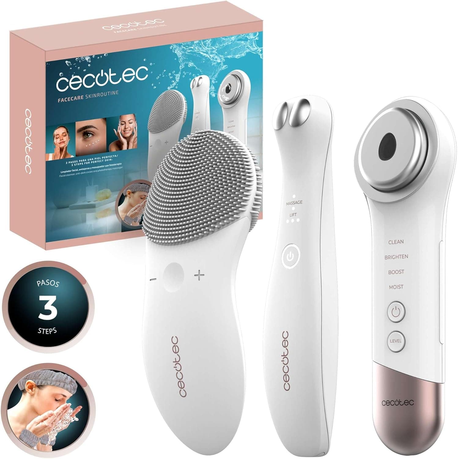 Cecotec Limpador facial massajador de fotografia Facecare Skinroutine. Skin Care: Limpador, dispositivo anti-olheiras e massageador, potência elasticidade da pele, inclui diadema e pulseiras