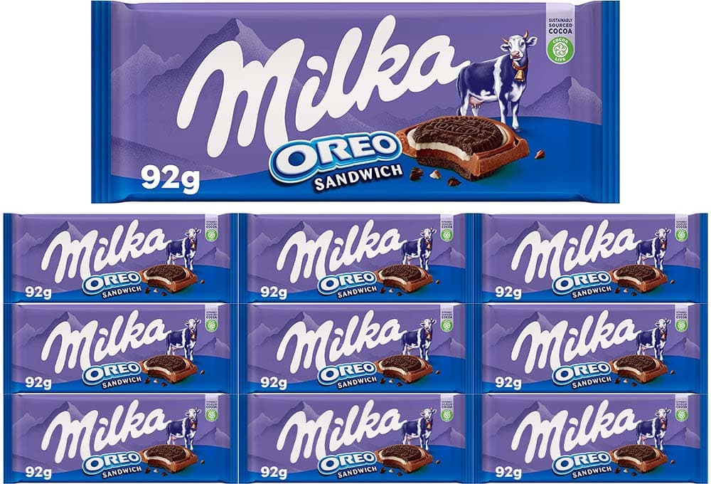 Milka Oreo Sandwich tablet de chocolate com leite dos alpes cobertas com bolachas ouro e creme sabor baunilha 92 g x 10