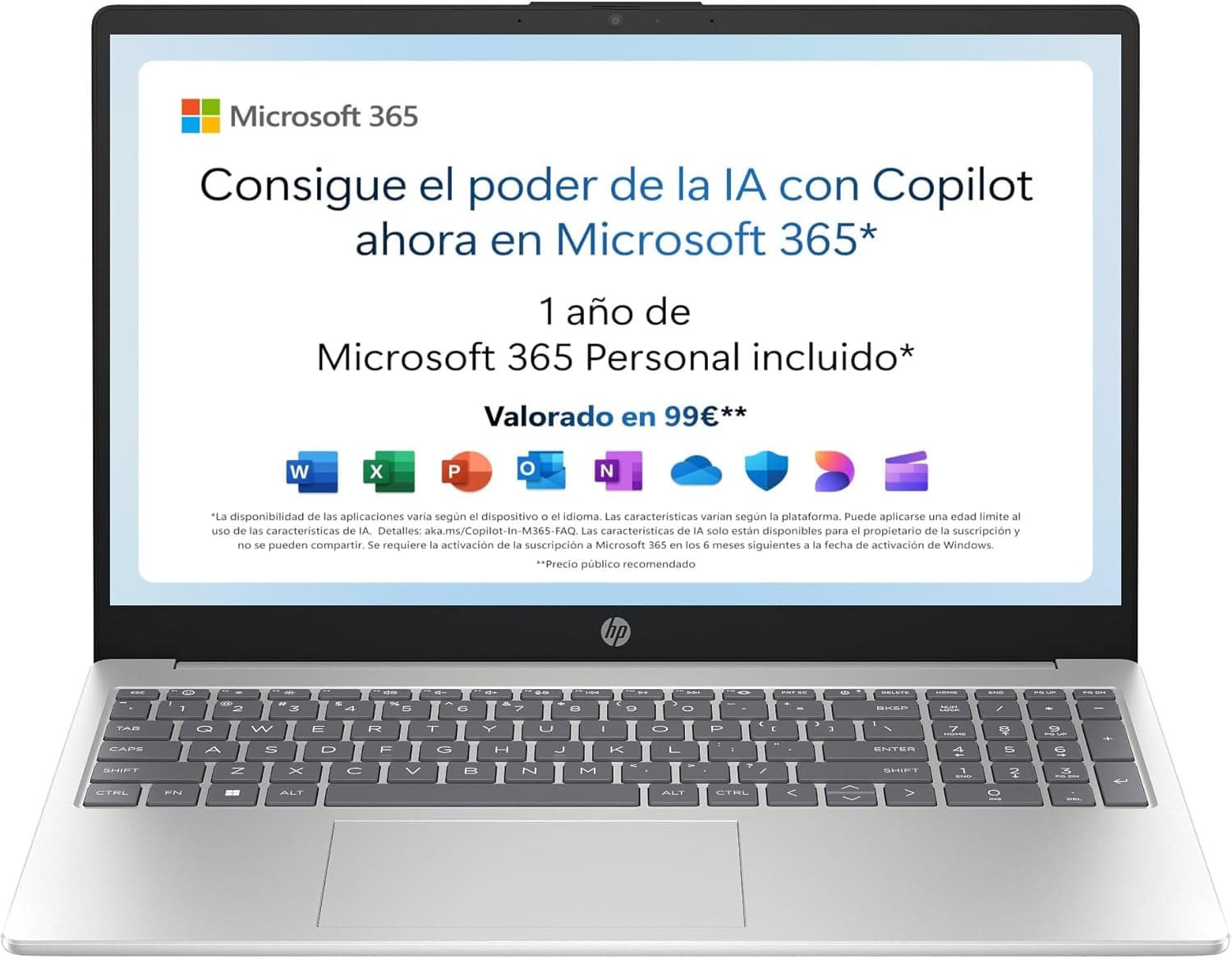 HP 15-fd0186ns Computador portátil FHD de 15,6" (Intel N100, 4 GB RAM, 128 GB UFS, Intel UHD, Windows 11), prateado, teclado QWERTY espanhol, inclui Microsoft 365 pessoal de 12 meses