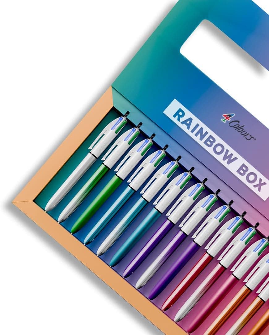 BIC 4 Cores - Estojo de 15 canetas, caixa arco-íris de edição limitada, para colecionador, versões bicolor, brilhantes e esmaltes, comece a sua coleção de 4 cores agora!