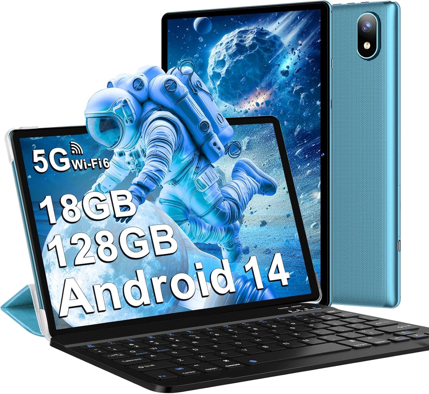 DMOAO Tablet de 10 polegadas Android 14 com 5G Wi-Fi 6, FHD Tablet com 18 GB RAM + 128 GB ROM (expansível para 1TB), Widevine L1, 8 cores, BT 5.0, 6000 mAh, USB-C, teclado rato + Capa Azul