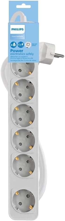 Philips Tomadas CHP2164 W - extensão de 6 tomadas, cabo de 1,5 m, interruptor principal, fecho de segurança automático, indicador LED de alimentação - cor branca