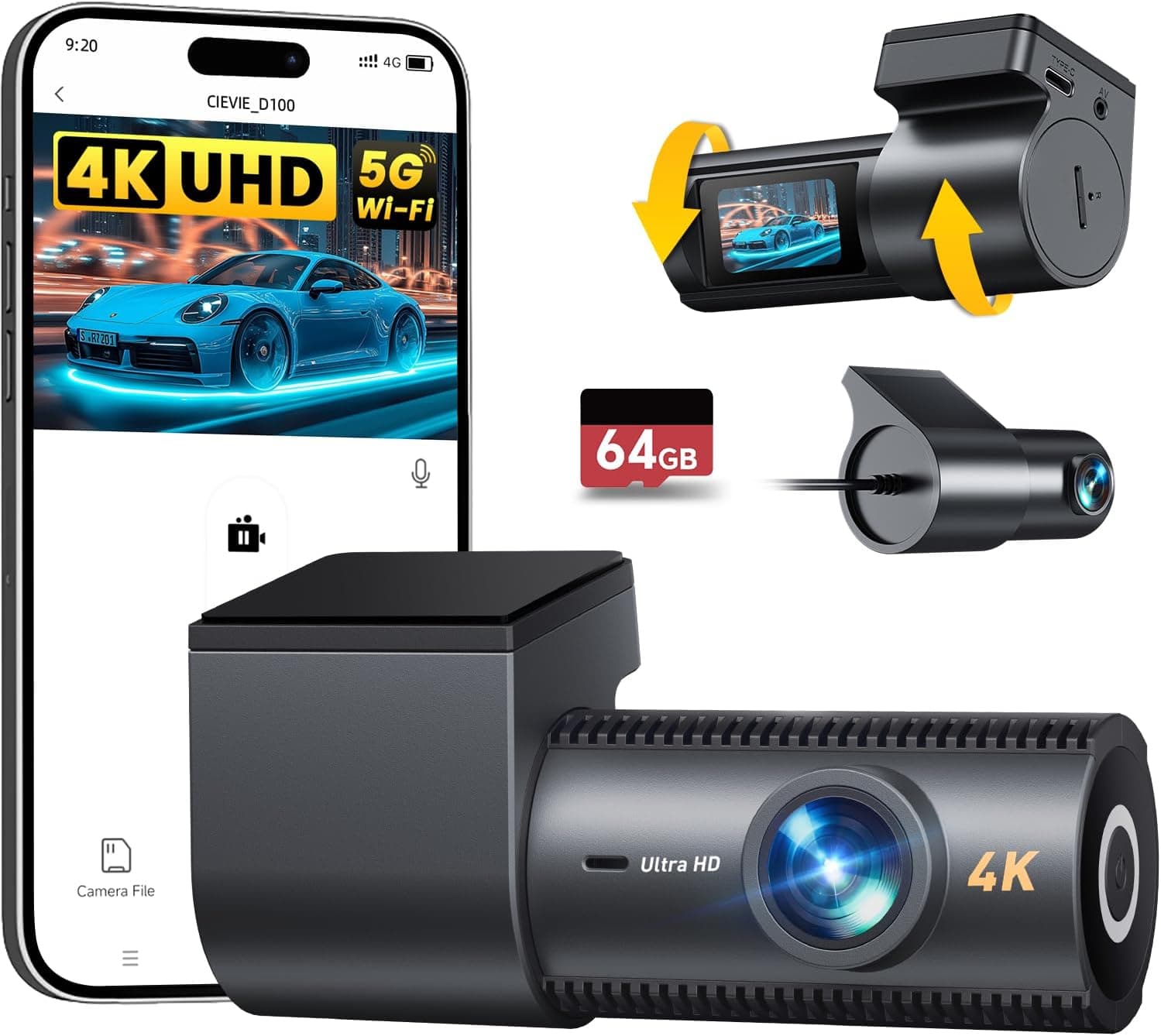 CIEVIE 4 K+1080P Dash CAM carro, 5 GHz WiFi Dashcam com cartão SD 64 GB, câmara de vigilância carro com 1,5 polegadas, ecrã, 170 ° grande angular, sensor G, visão noturna, monitor de estacionamento