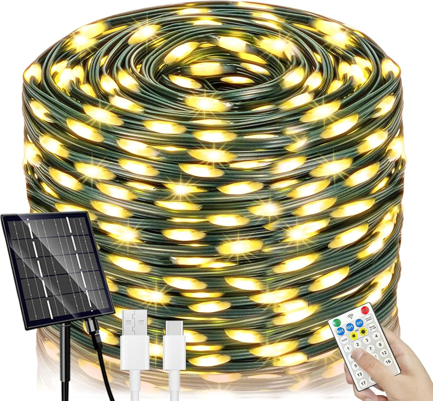 Guirlandas luzes solares exterior - 66 m 640 LED luzes solares 19 modos, IP65 luzes solares impermeáveis de Natal LED exterior jardim corrente de luzes decoração para árvore pátio, terraço-branco