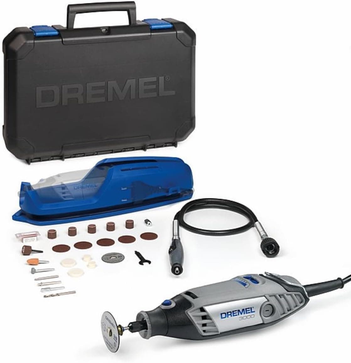 Dremel Multitool 3000 130 W, 1 ferramenta e kit de 25 acessórios, velocidade de 10.000 a 33.000 RPM para corte, 3,2 mm, retificação, gravação, polimento, afiação, limpeza, preto, azul, prata com eixo flexível e 25 acessórios
