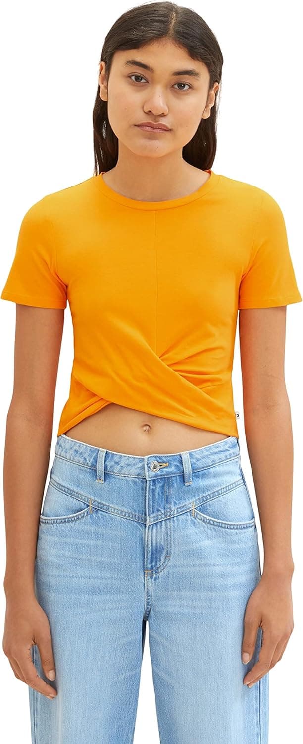 TOM TAILOR Denim T-shirt recortada com detalhe de nó para mulher