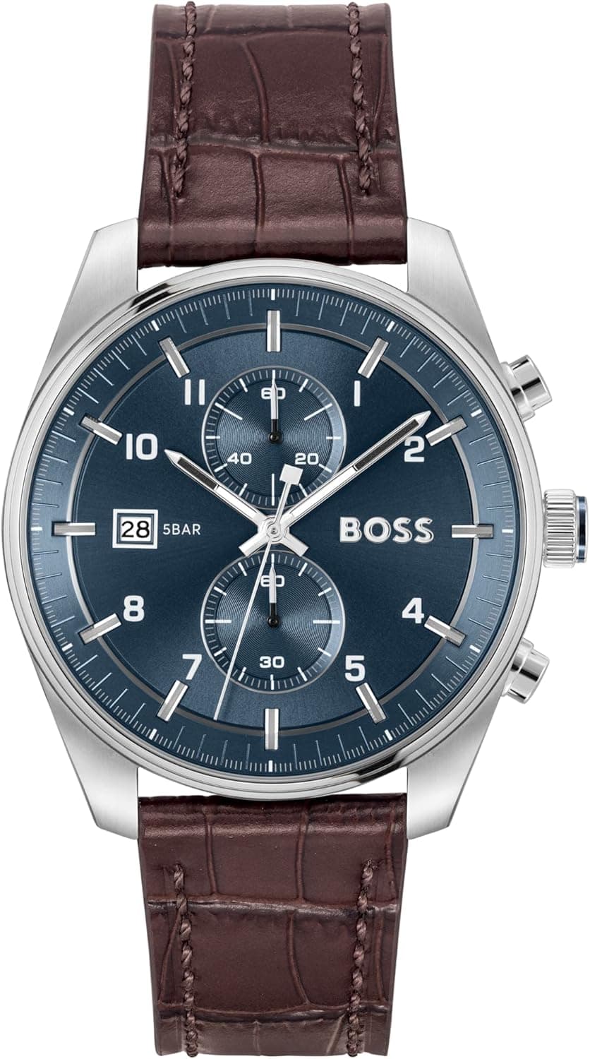BOSS Relógio cronógrafo de quartzo para homem coleção SKYTRAVELLER com correia em couro ou aço inoxidável, Azul, Elegante