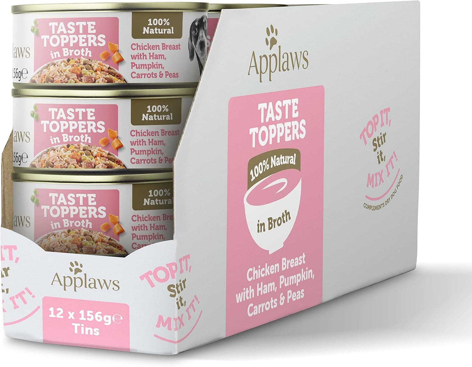 Applaws Comida húmida para cães 100% natural, peito de frango com presunto e legumes em caldo, embalagem de 12 latas de 156 g