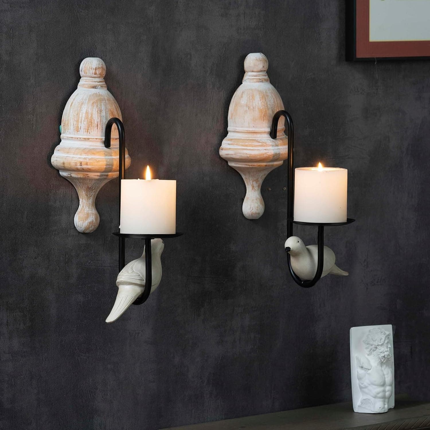 Candeeiro de parede porta-velas (conjunto de 2) suporte de velas de chá de parede branco design de pássaro montagem na parede retro suporte de parede pendente metal e madeira ferro candelabro suporte