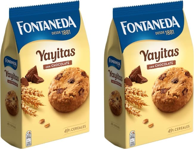 Fontaneda Yayitas Bolachas com pepitas de chocolate e cacau, deliciosas e crocantes, 250 g x 2