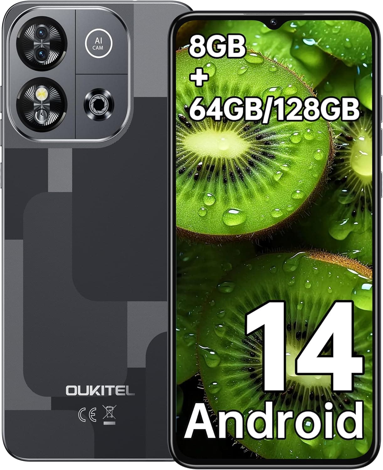 OUKITEL C57S Telefones celulares livres - telemóveis Android 14 6,52" ecrã HD telemóvel inteligentes Smartphone 8 GB RAM 64 GB ROM/128 GB 4300 mAh câmara 13 MP dupla 4G SIM Face ID