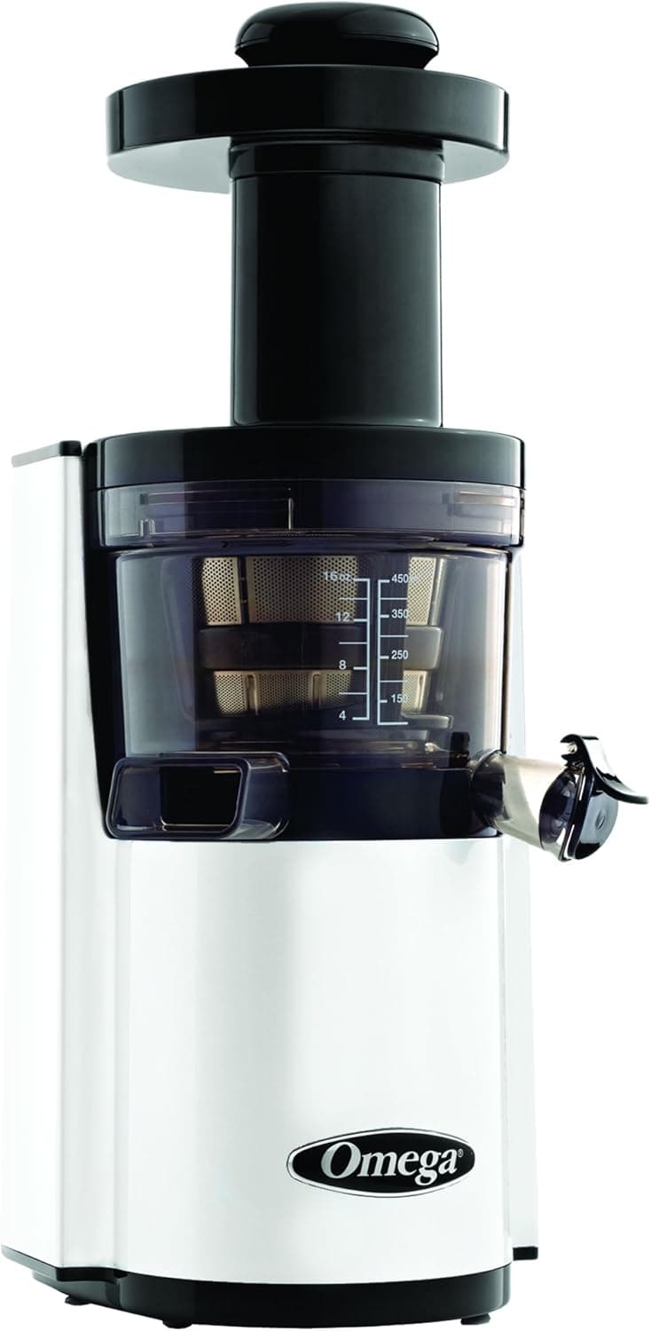 Omega VSJ843RW Omega | Extractor de sumo vertical 150 W, 43 rpm, auto‑limpeza, 2 recipientes de 1 L, branco