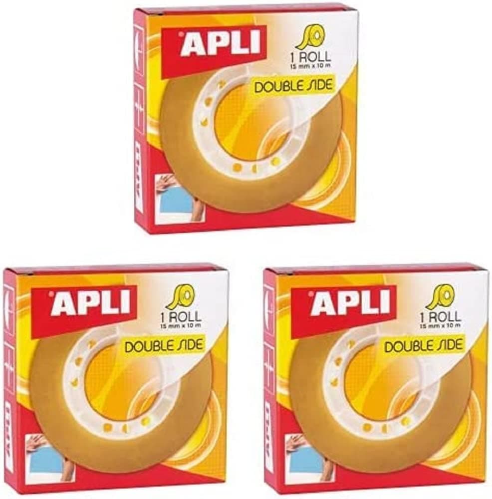 APLI 11505 - Fita adesiva fita adesiva fita dupla face 15 mm x 10 m, embalagem de 3