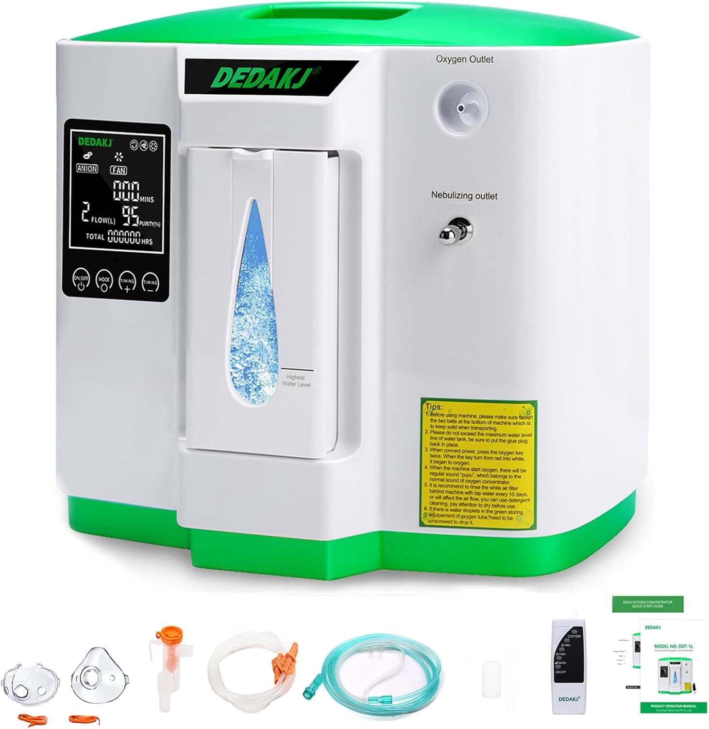 DEDAKJ Concentrador de oxigénio, 2-9 l / min ajustável 93% ± 3% alta pureza, atomização, gerador de oxigénio de fluxo casa com controlo remoto, certificado pela CE