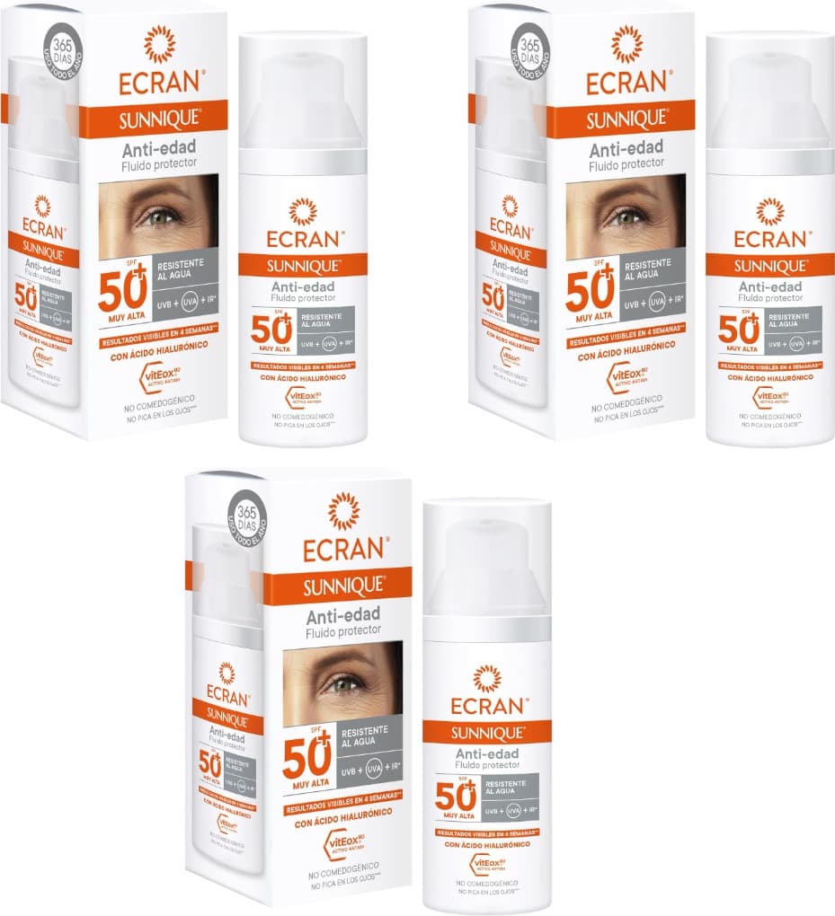 Ecran Sunnique Fluido facial solar anti-idade FPS 50+, com ácido hialurónico muito alta, proteção UVB muito alta UVA e IR-A, anti-rugas e anti-manchas, fórmula com VitEox 80, para rosto e decote, 50 ml x 3
