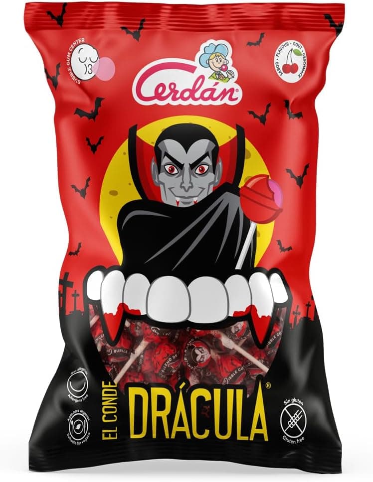 Caramelos Cerdán El Conde Dracula | Rebuçados duros com sabor a cereja recheados com pastilha elástica sem glúten, saco com 200 unidades