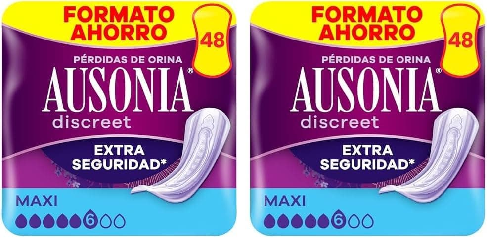 Ausonia Discreet Maxi, 48 compressas incontinência mulher para perda de urina, extra segurança, discrição incrível (pacote de 2)