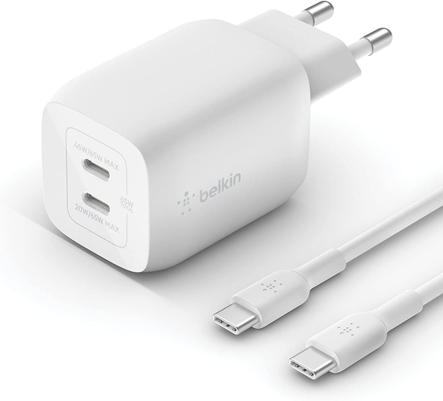 Belkin Carregador de parede duplo USB tipo C de 65 W, cabo USB-C para USB-C, carregamento rápido 3.0 com tecnologia GaN para iPhone 16, 15, iPad Pro, MacBook, Samsung Galaxy S24, S23, Google Pixel