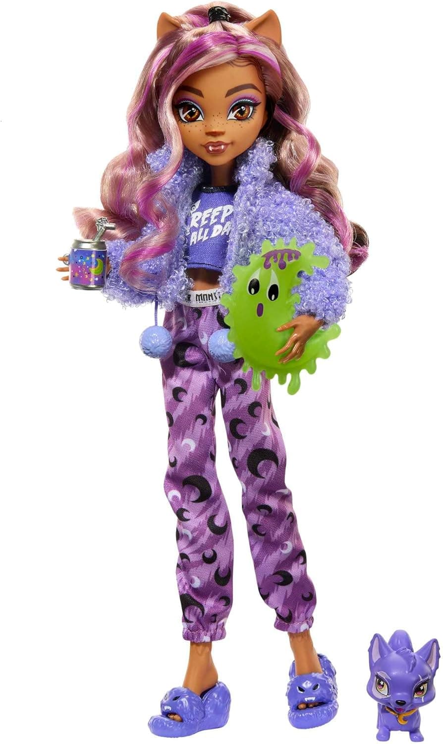 Monster High Festa de pijama Clawdeen Wolf boneca articulada com pijama, animal de estimação Crescent e acessórios, brinquedo + 4 anos (Mattel HKY66)