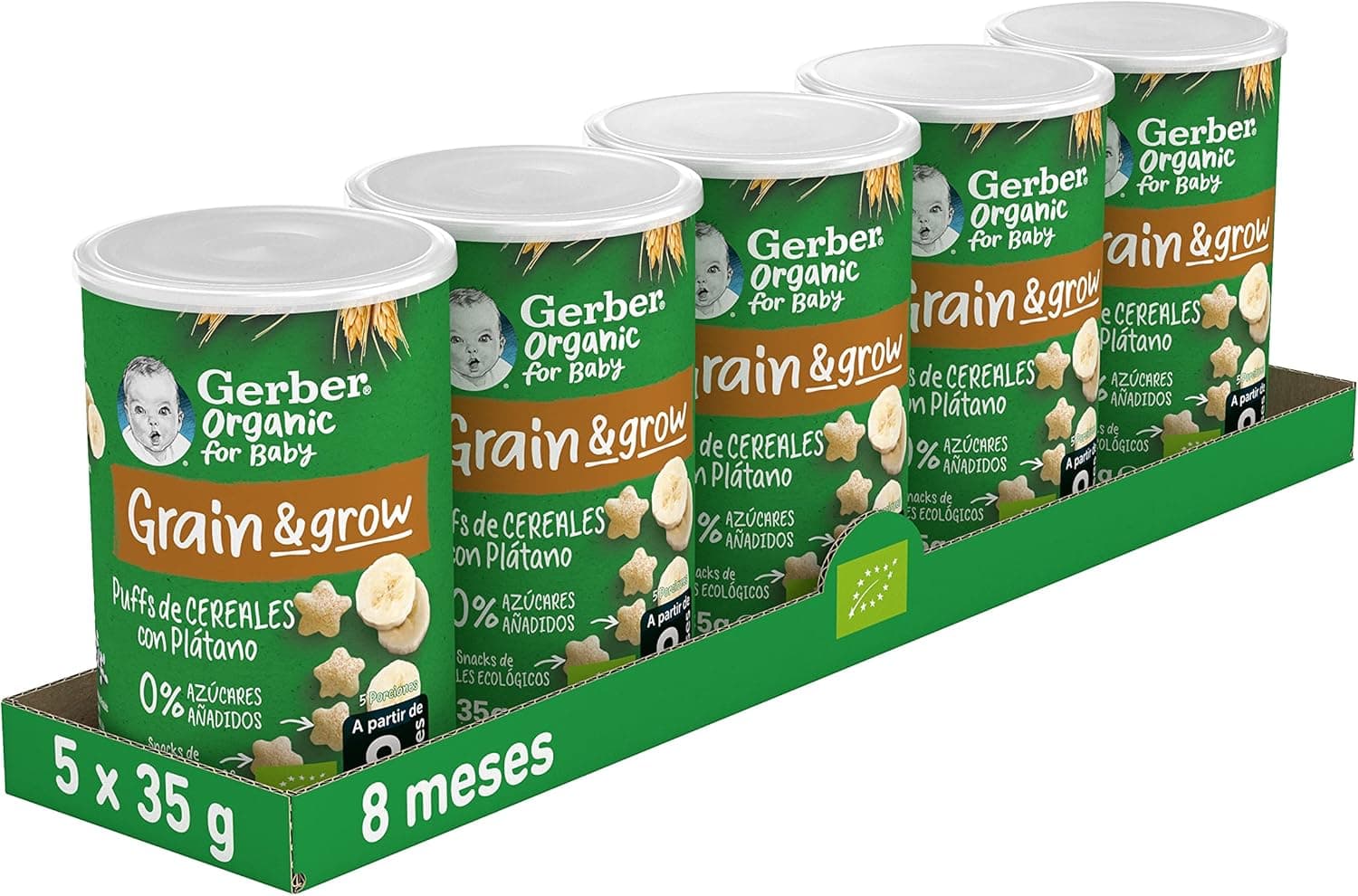 GERBER Organic Puffs banana, Snack de cereais para bebé, lata 5 x 35 g, a partir de 8 meses