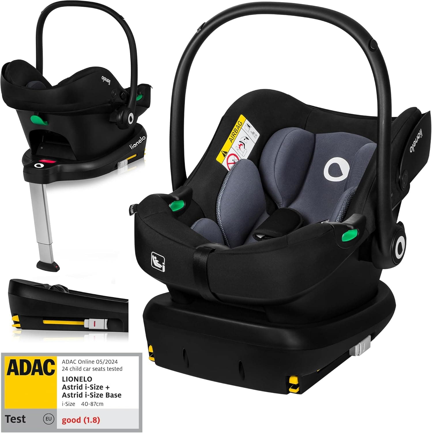 LIONELO ASTRID i-Size SET Cadeira de carro com base 40 - 87 cm porta-bebés montagem ISOFIX, cintos de segurança 3 pontos proteção lateral, redutor Dri-Seat, i-Size R129