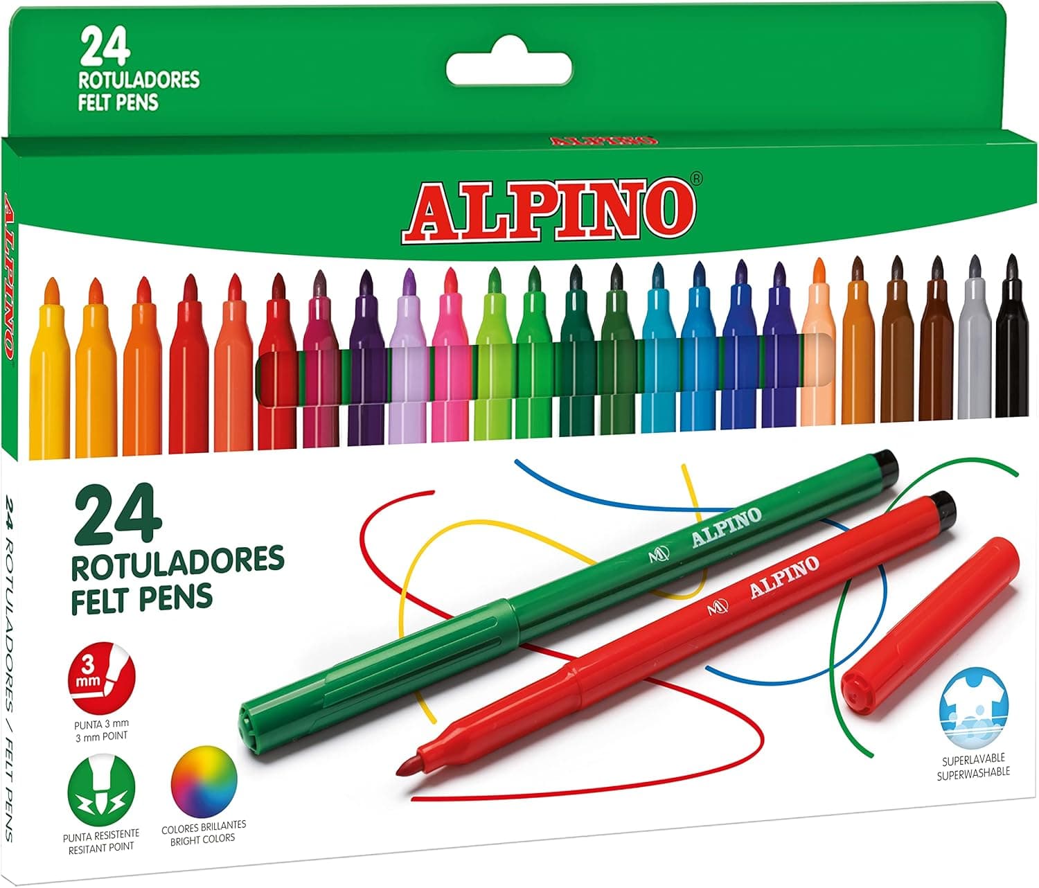 Alpino 24 Marcadores de cores brilhantes, Marcador de ponta resistente de 3 mm para cores, tinta super lavável e de longa duração, estojo de marcadores, material escolar