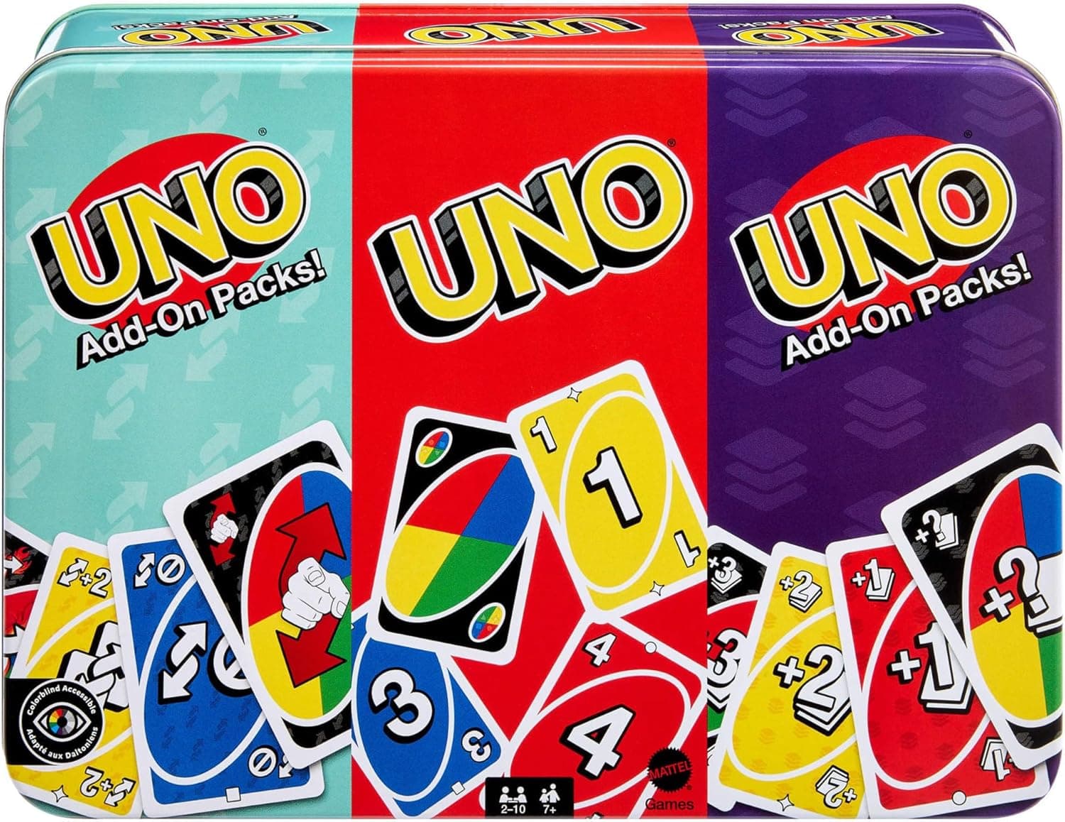 Mattel Games Um com 2 pacotes de expansão e caixa metálica colecionável para crianças, adultos e noites de jogos em família, de 2 a 10 jogadores, JCV60