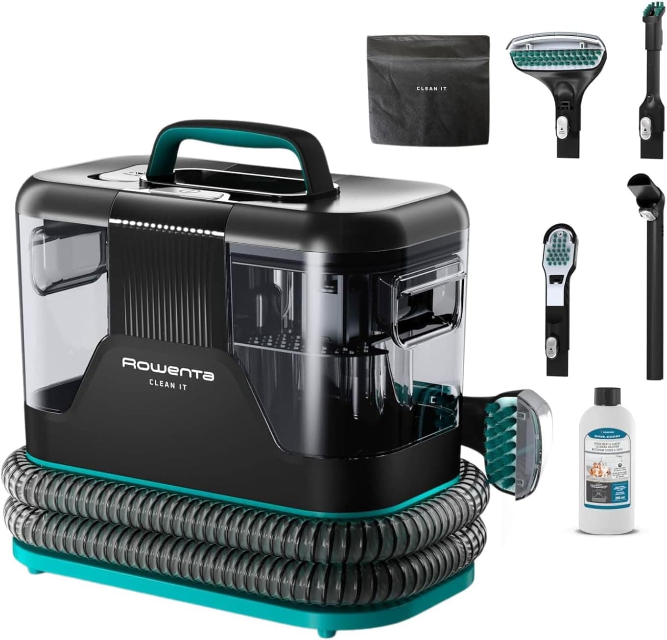 Rowenta Clean It IN5020F0 | Aspirador de estofos portátil para limpeza fácil de sofás, tapetes e interiores de automóvel com acessório para pêlos de animais, 750 W, inclui 1 detergente