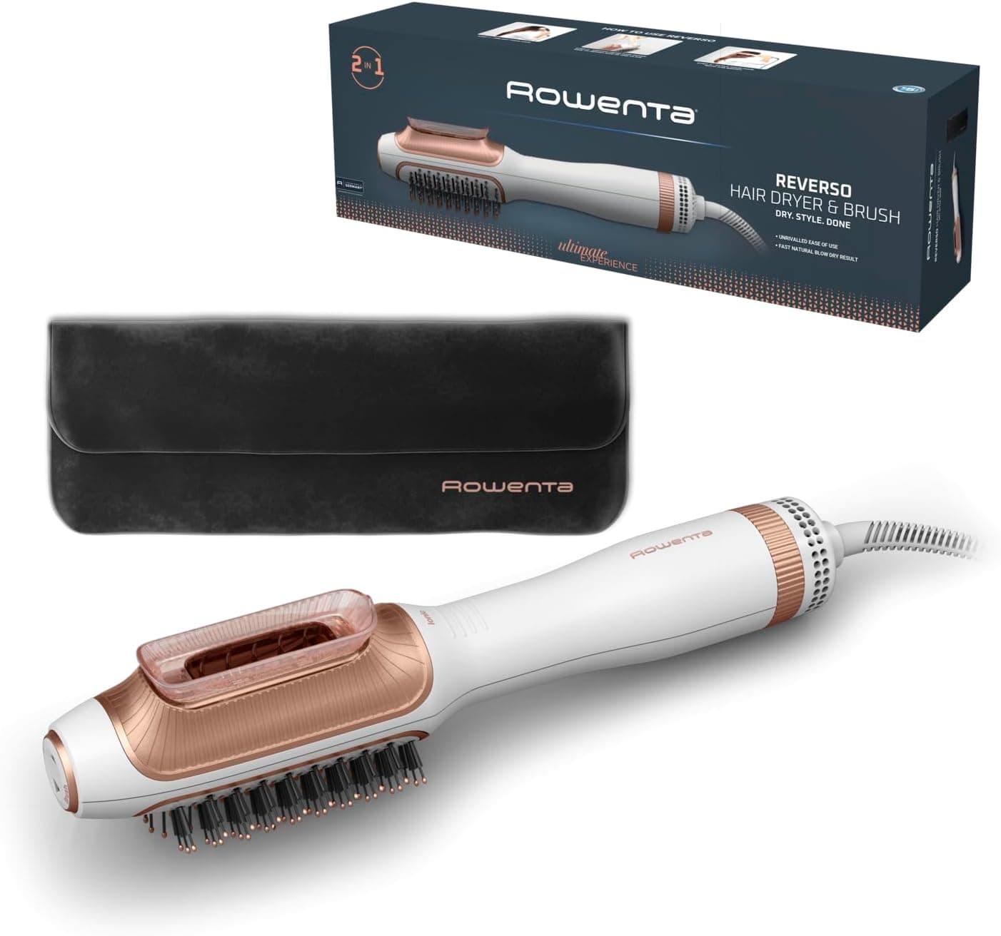 Rowenta reversível, secador de cabelo e escova de ar quente 2 em 1, penteado e secagem, mudança com um clique, função Care, CF9820F0