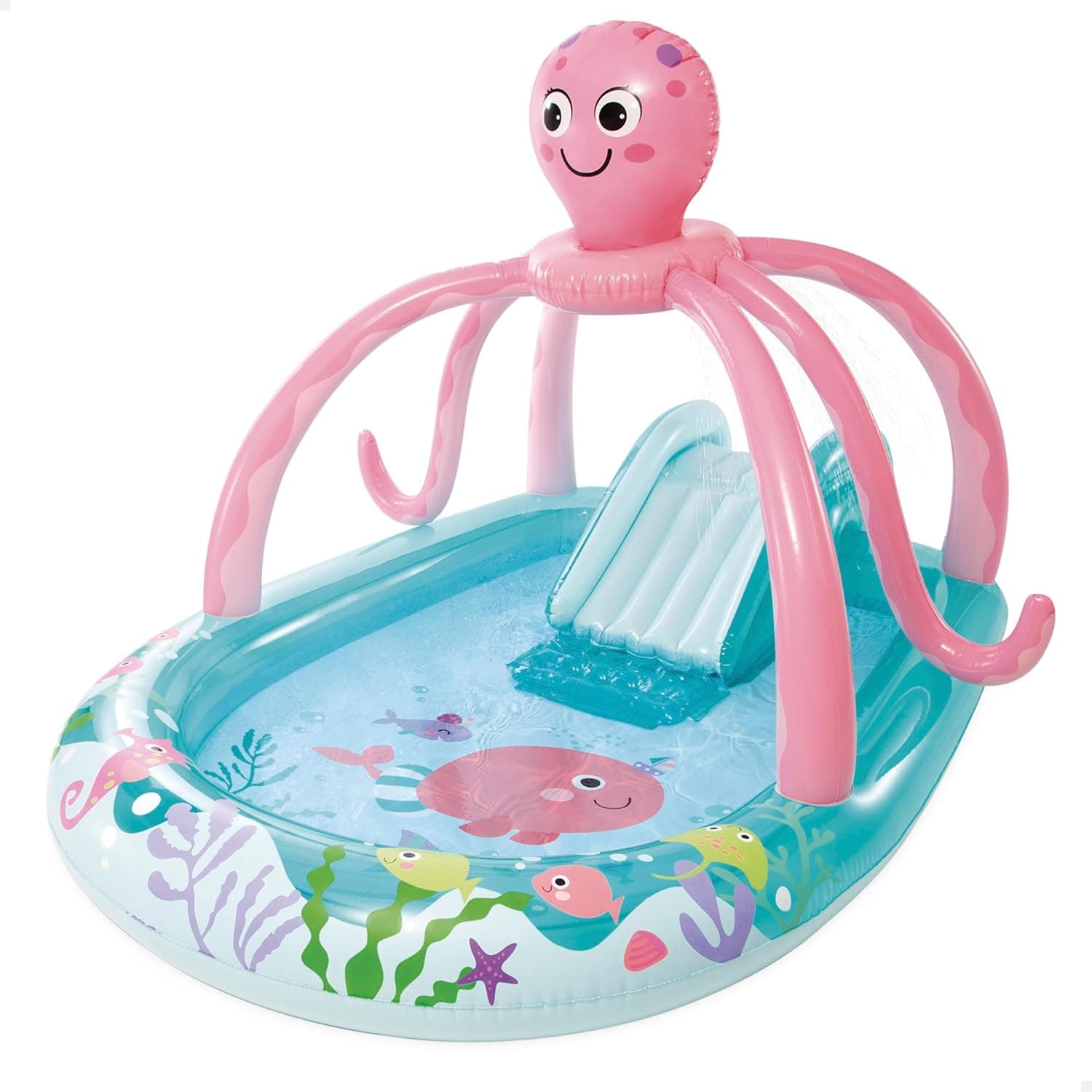 INTEX Piscina infantil insuflável com escorrega com base acolchoada, dispersor de água e anéis de jogo, design polvo, inclui remendo de reparação, centros de brincar para crianças, 2 anos (56138)
