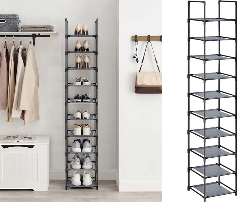 SONGMICS Sapato de entrada recebedora com 10 prateleiras, sapato que economiza espaço, 33 x 33 x 173 cm, estrutura de metal, prateleiras de tecido não tecido, corredor, quarto, cinzento LSR110G01