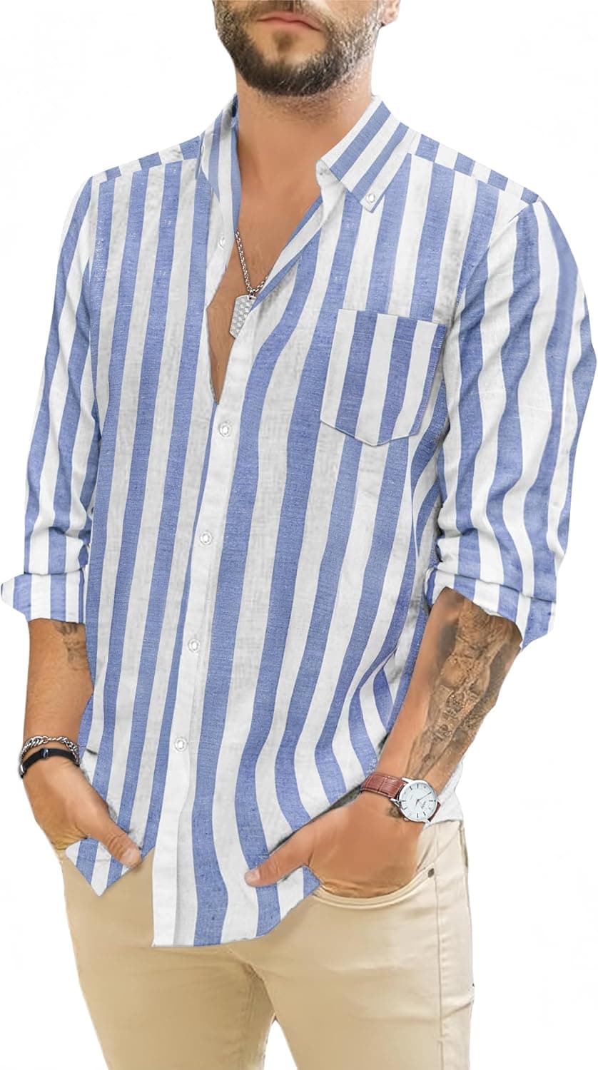 TARAINYA Camisa de linho para homem com bolsos casuais camisas homem manga comprida regular Fit