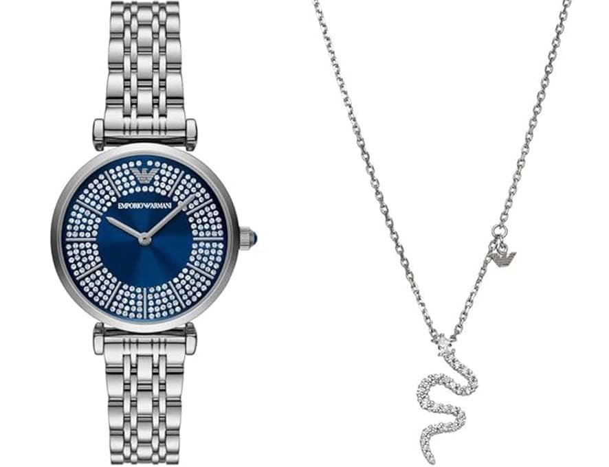 Emporio Armani Relógio de aço inoxidável tom prateado e colar de prata esterlina para mulher, conjunto