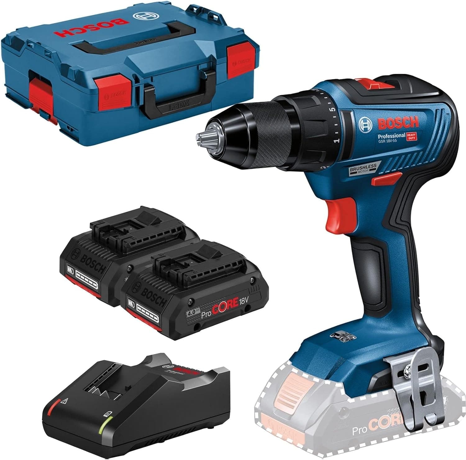 Bosch Professional GSR 18V-55 | Aparafusadora a bateria 18V com 2 baterias ProCORE 4.0 Ah e mala L-BOXX