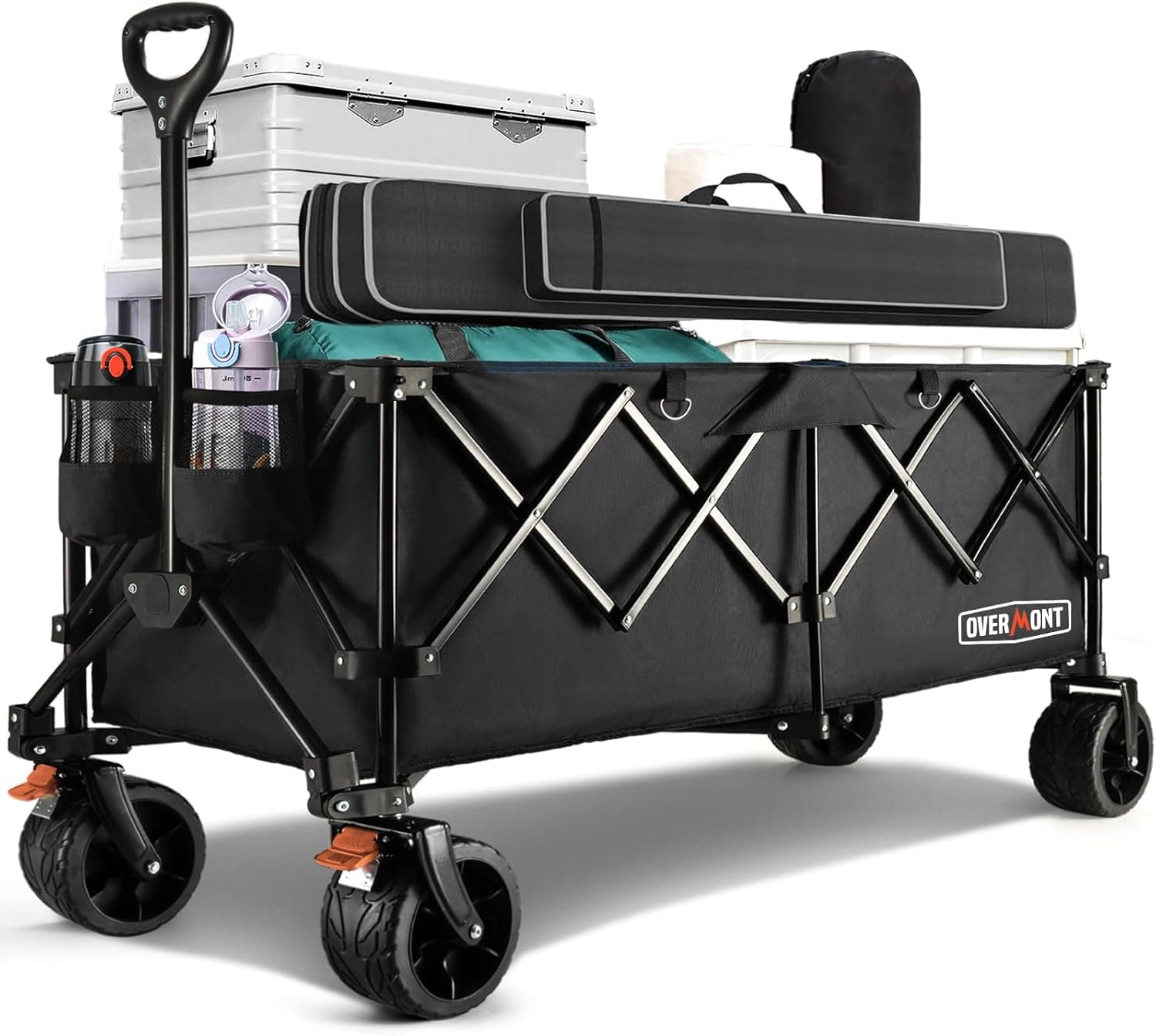 Overmont | Carro de transporte dobrável com rodas todo-o-terreno e travões 250 L 200 kg para jardim e exterior