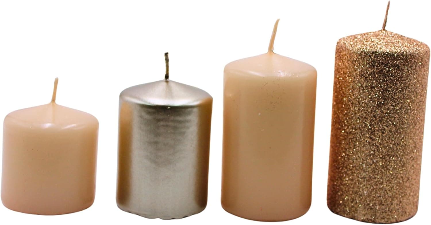 Velas de advento, velas de advento, velas de mesa, velas de mesa em cappuccino e brilho de bronze, conteúdo do envio: 4 unidades, escalonadas de 5 x 5 x 5 cm até 5 x 5 x 9 cm 