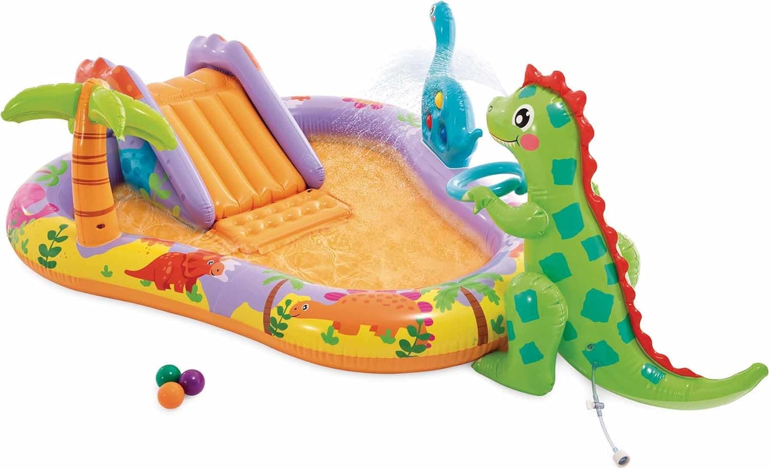 Intex Centro de jogos aquáticos Dino Park, 201 x 157 x 69 cm, dinossauro insuflável, escorrega com base acolchoada, pulverizador de água, conjunto de bolas (incluído), 54 kg máximo + 2 anos
