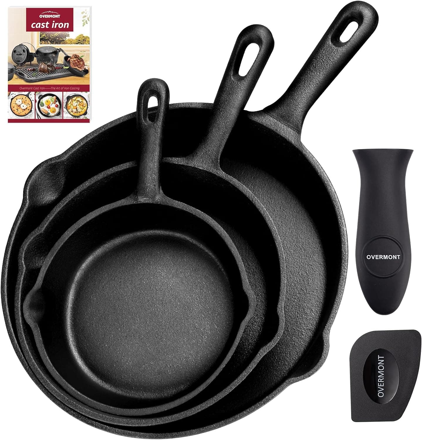 OVERMONT Frigideira pré-temperada panelas de ferro fundido para fritar, utensílios de cozinha seguros para fogão, churrasco, fogueira, vários tamanhos, preto